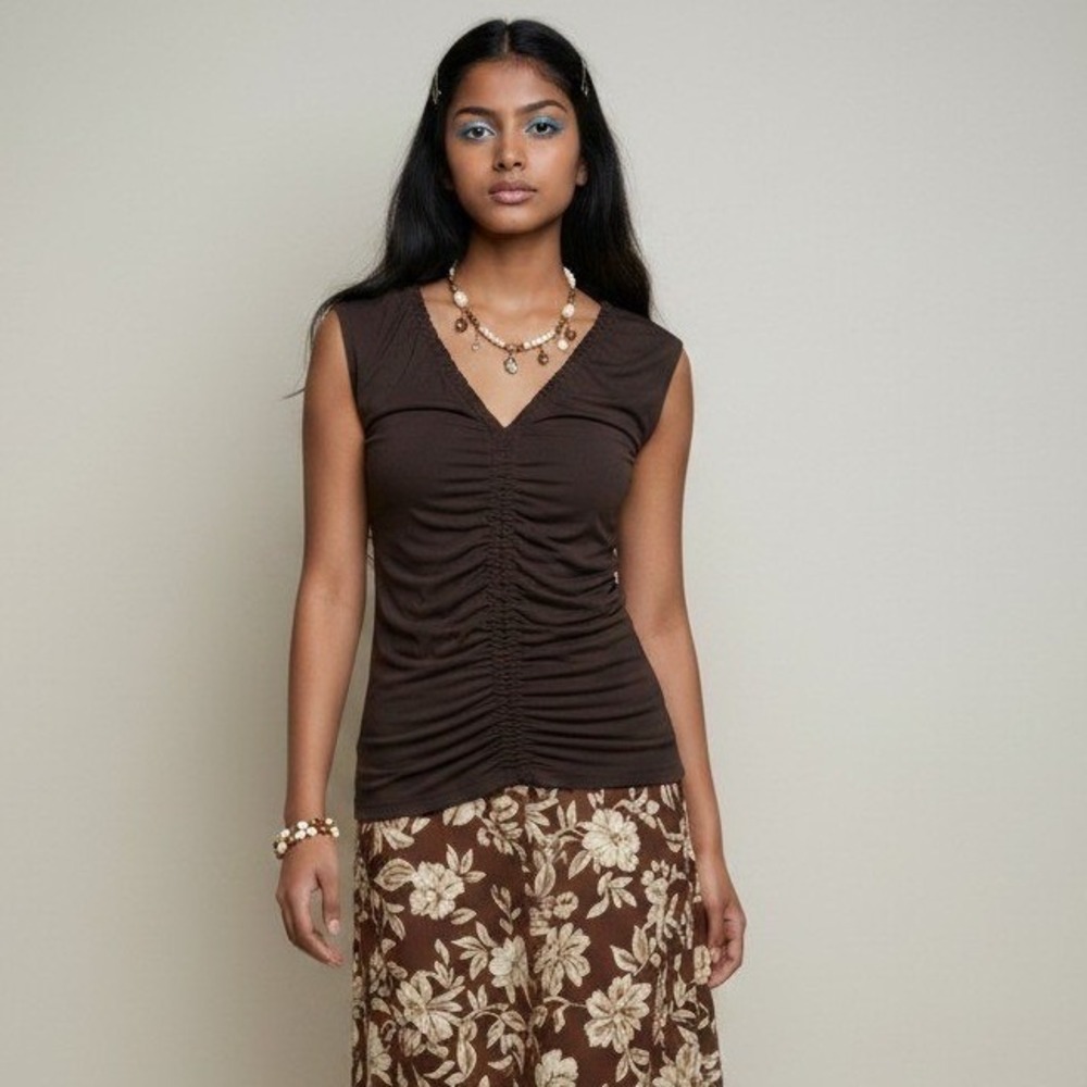 Ann Taylor Chocolate Brown Ruched Front V-Neck Sleeveless Top Small Viscose
